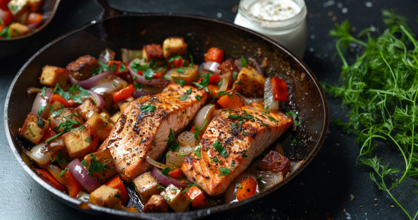 Lachs auf Tempeh-Gemüse-Pfanne